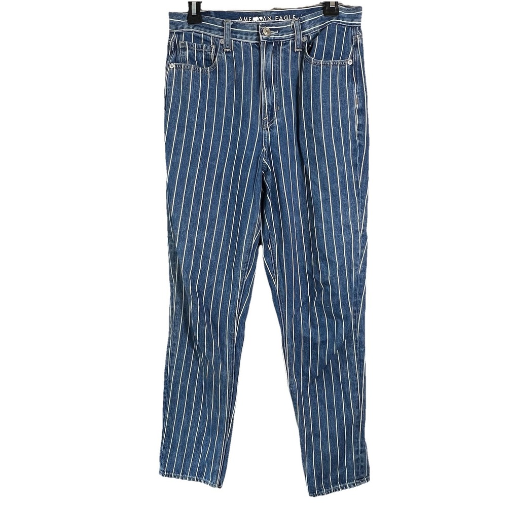 American Eagle Womens Size 6 Long‎ Mom Jeans Blue Striped High Rise 90s-Inspired